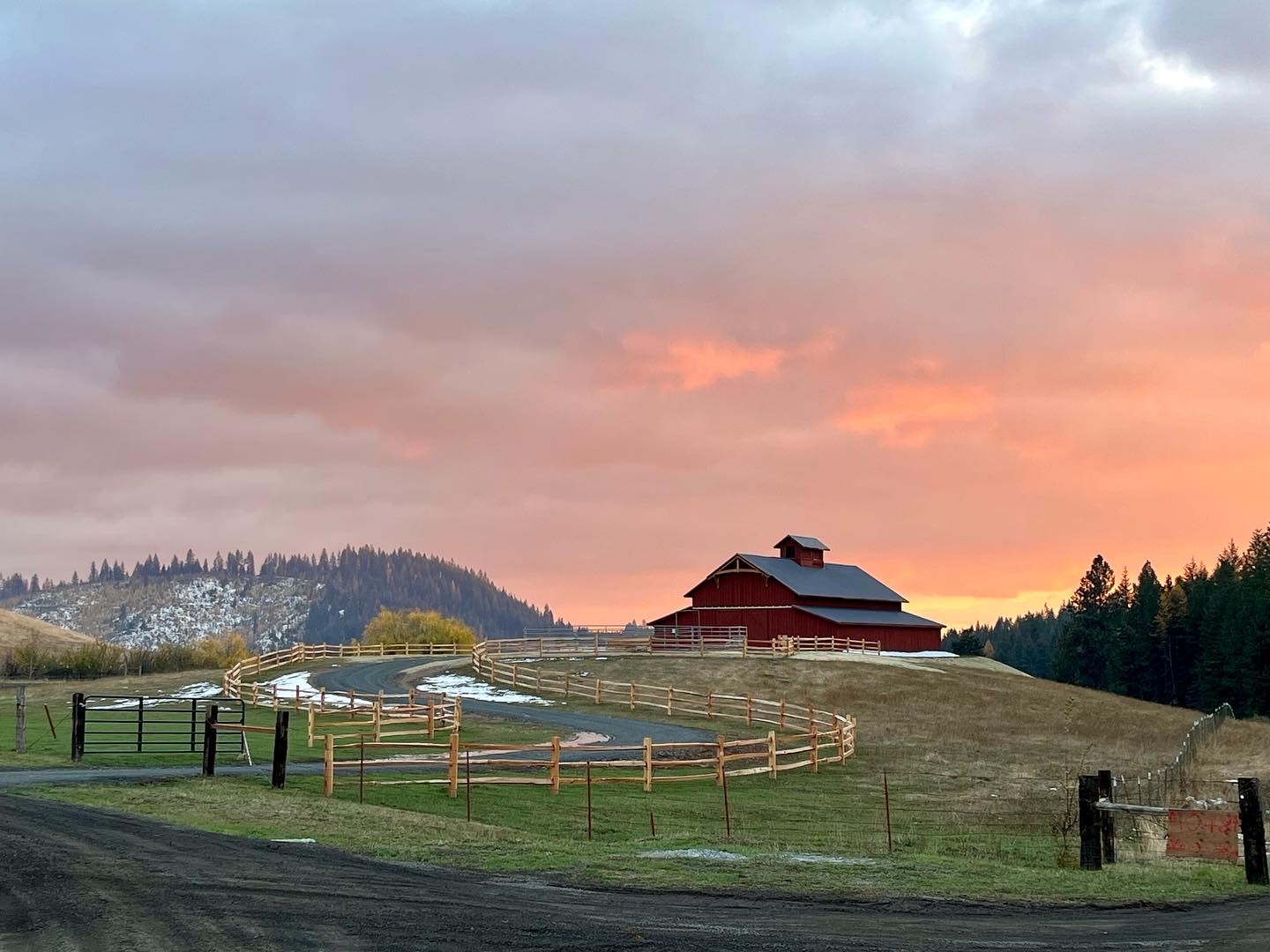 Red barn at sunset near Brush Creek Creamery